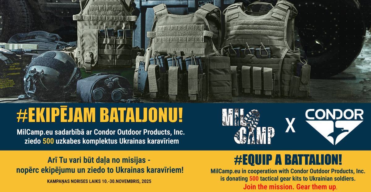 MilCamp un Condor Outdoor kampaņas Ekipējam Bataljonu galvenais attēls ar Ukrainas simboliku