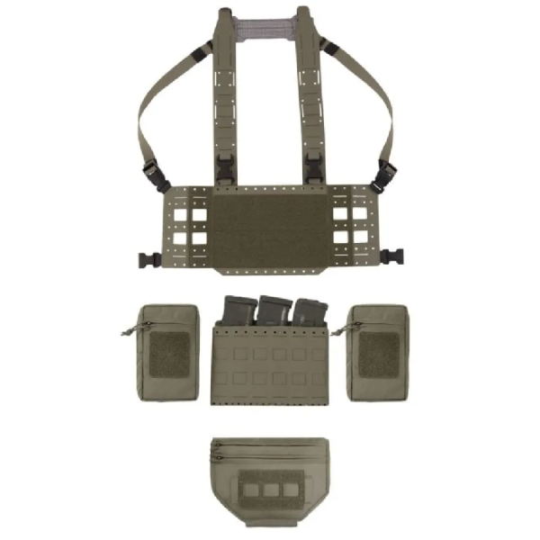 Warrior Laser Cut Modular Chest Rig "Delta" with 3 Utility Pouches and Triple Mag Pouch Ranger Green