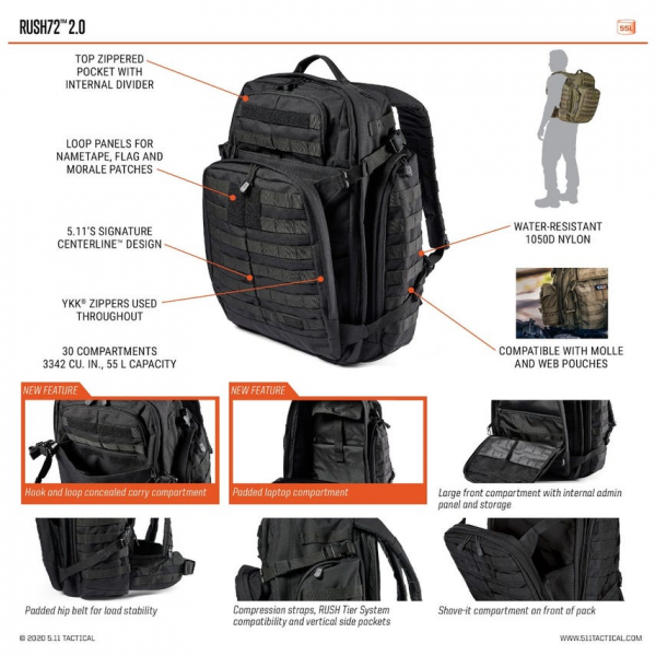 5.11 RUSH72 2.0 mugursoma – Black