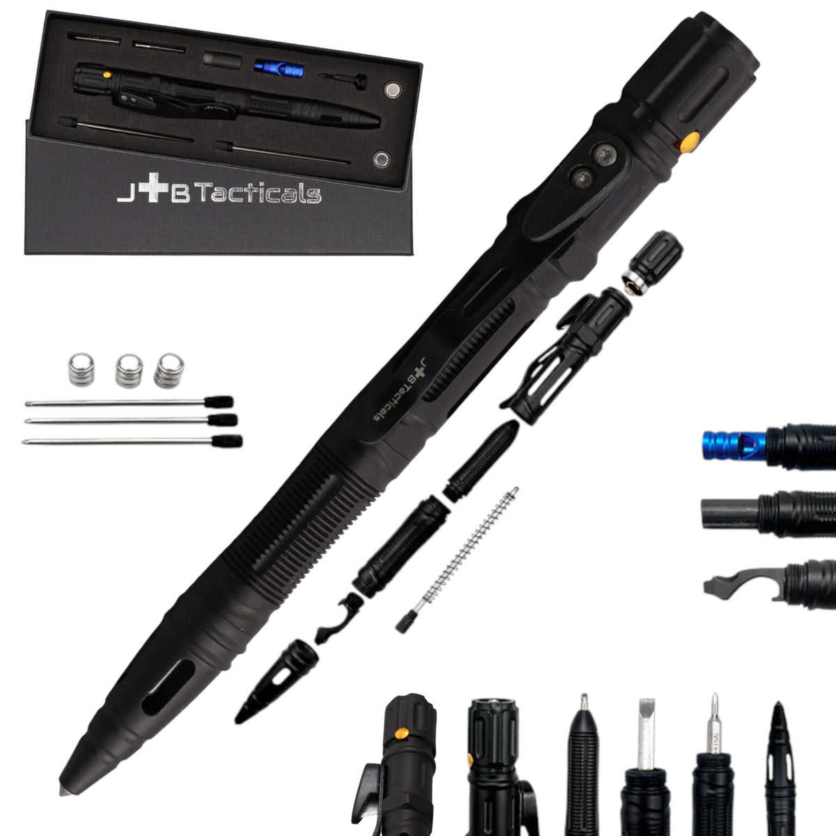 JB Tacticals Kubotan JB-04 Tactical EDC Pen 10 in 1 - Fire Starter, Striker, Flashlight, Knife, Whistle
