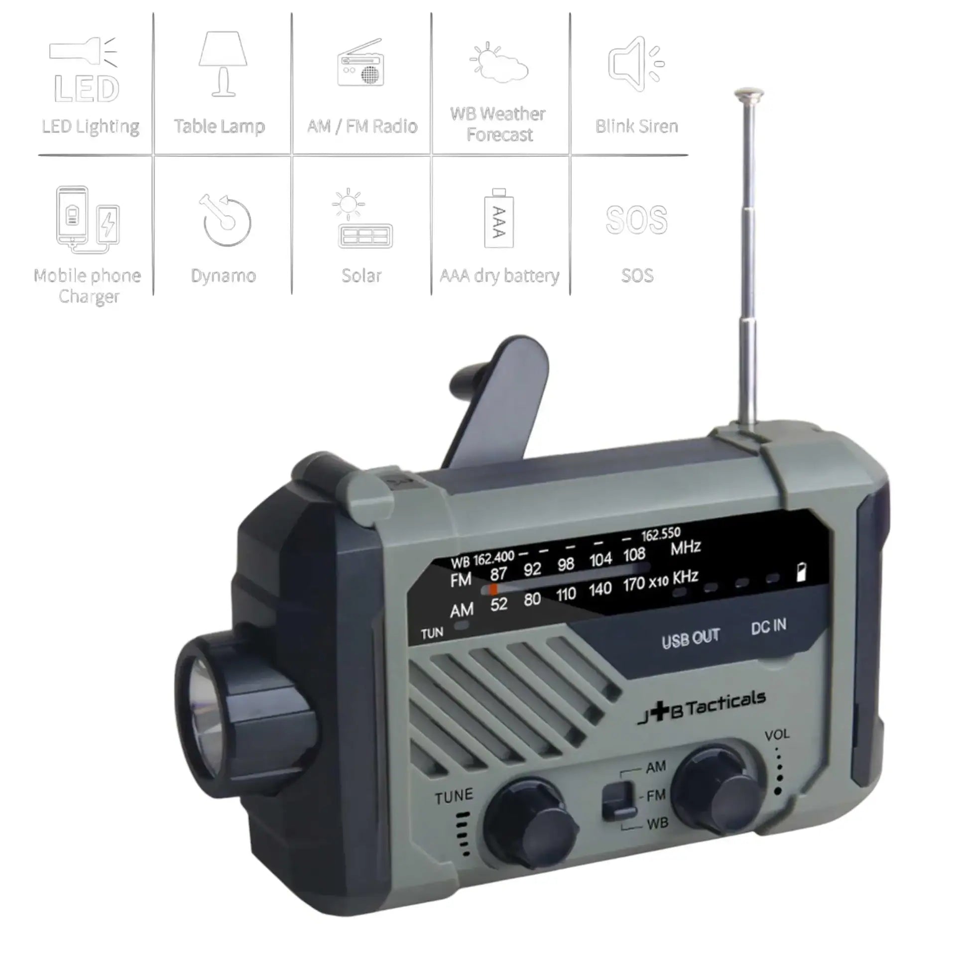 JB Tacticals Ārkārtas Situācijas Radio ar Lukturi LED un Power Bank