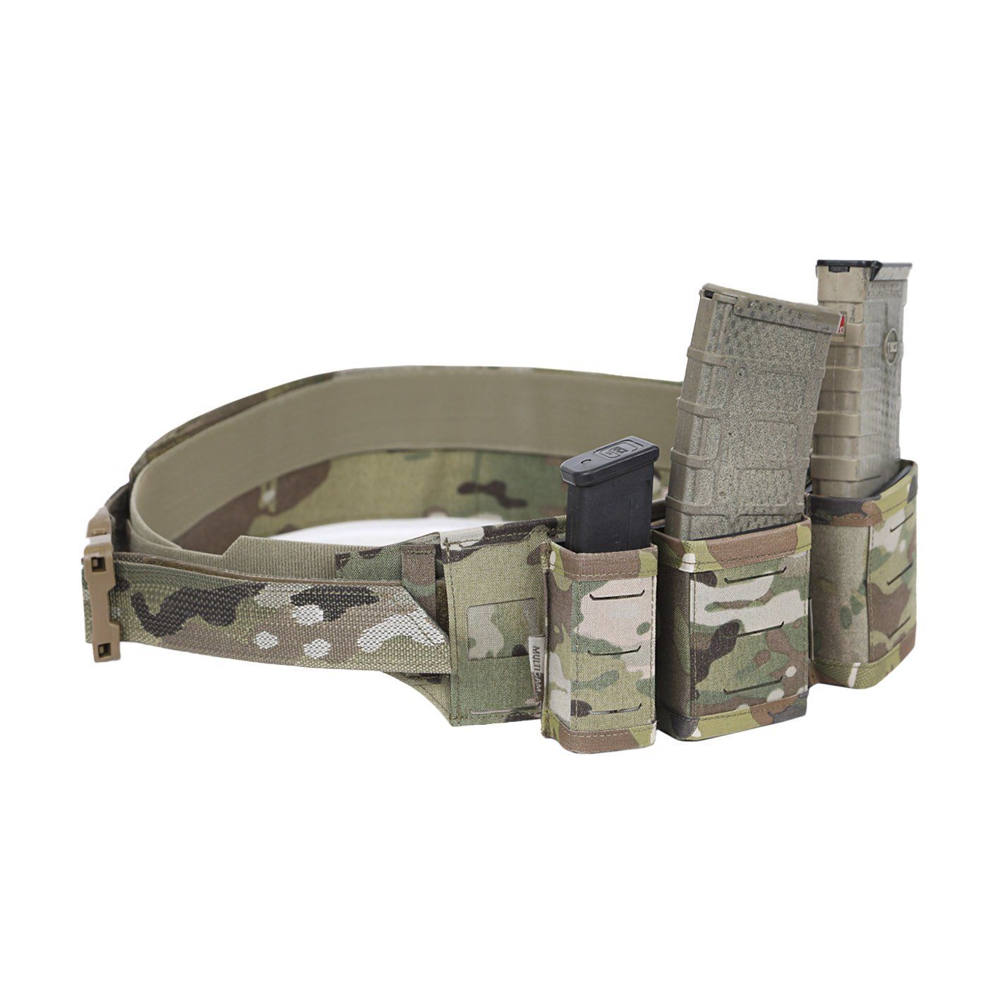 Komplekts - Low Profile Laser Belt Shooter Mk1 with Polymer Cobra Buckle Size Large with 2 Rifle Mag + 1 Pistol Pouch, 2 Utility Pouches MultiCam