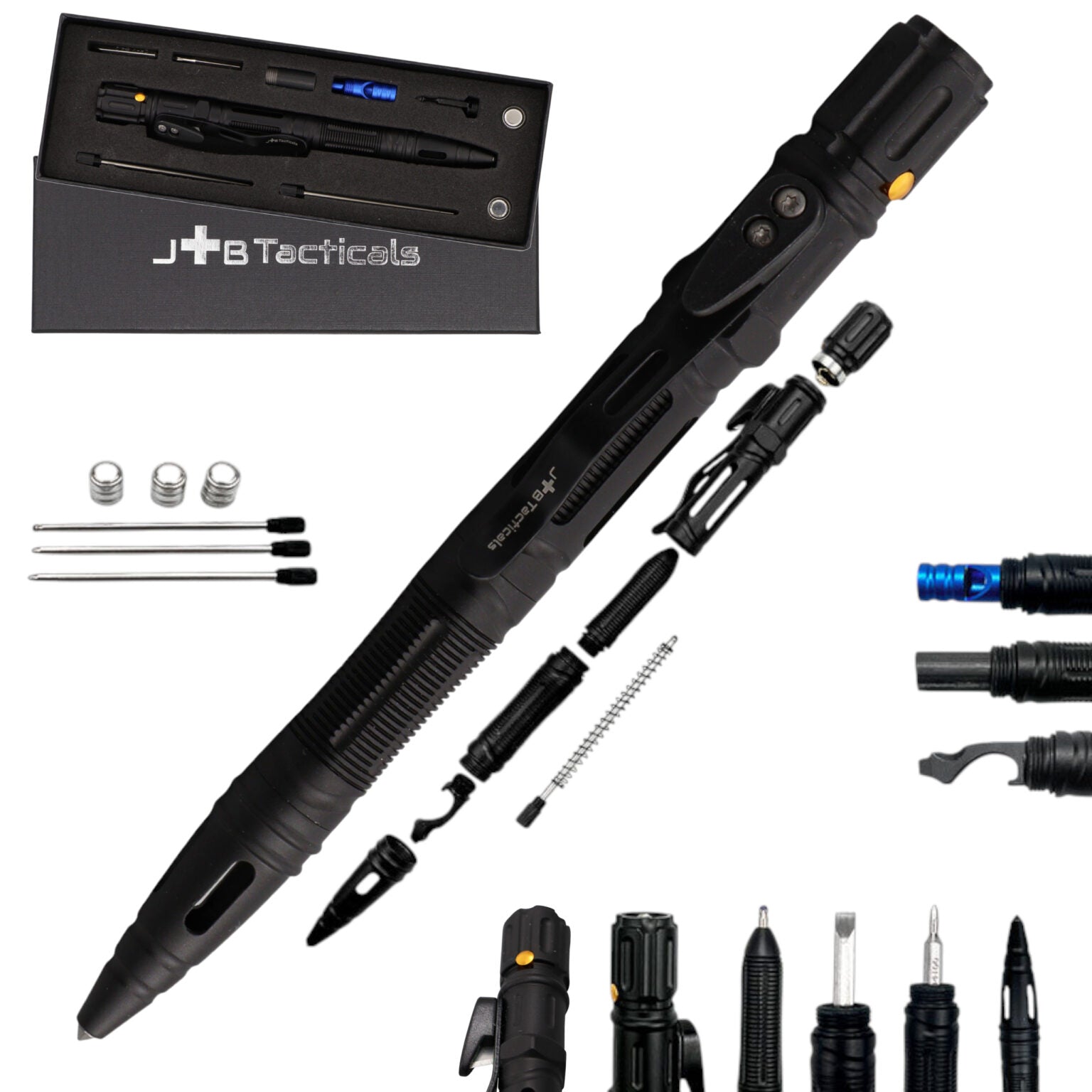 JB Tacticals Kubotan JB-04 Tactical EDC Pen 10 in 1 - Fire Starter, Striker, Flashlight, Knife, Whistle